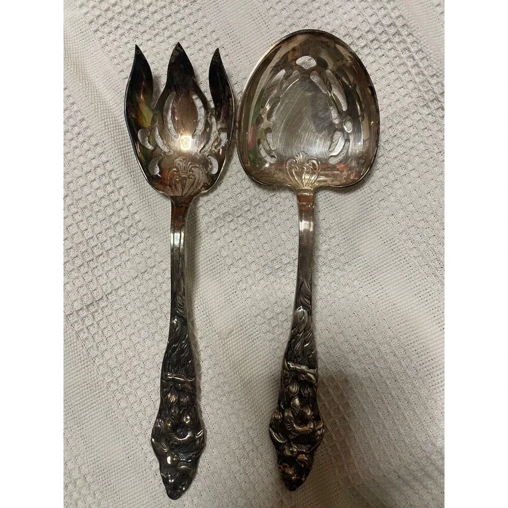 2pc SALAD SERVING SET! Vintage ITALY silverplate floral ITALIAN ROSE patt LOVELY
